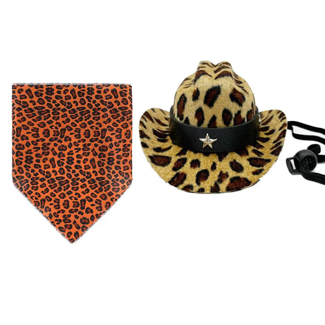Snifii Dog Cowboy Costume – Mini Leopard Cowboy Hat & Pet Bandana for Cats and Small Dogs (Size S)