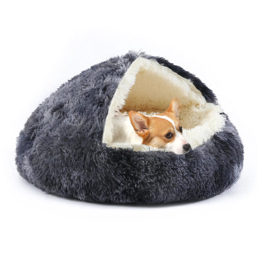 Snifii Round Hooded Plush Pet Bed – Self-Warming Anti-Anxiety Donut Bed for Puppies & Kittens