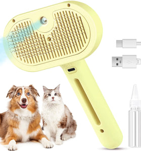 Snifii 3-in-1 Cat Steam Brush & Pet Spray Hair Removal Comb – Rechargeable Self-Cleaning Slicker Comb with Release Button (Yellow)