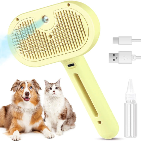 Snifii 3-in-1 Cat Steam Brush & Pet Spray Hair Removal Comb – Rechargeable Self-Cleaning Slicker Comb with Release Button (Yellow)