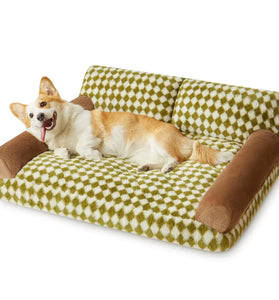 Snifii Dog & Cat Couch Bed – Medium Pet Sofa with Non-Slip Bottom & Washable Checkered Cover (Green&White)