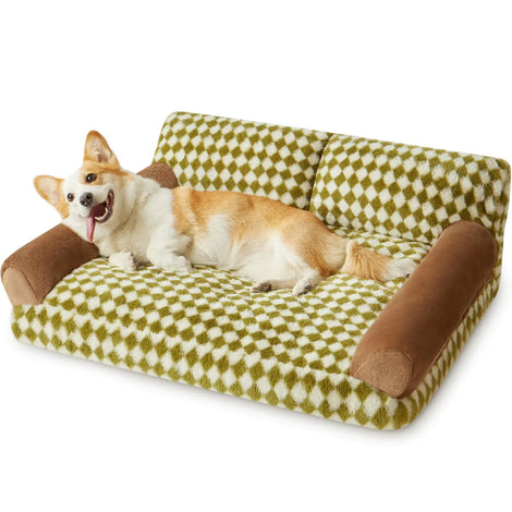 Snifii Dog & Cat Couch Bed – Medium Pet Sofa with Non-Slip Bottom & Washable Checkered Cover (Green&White)